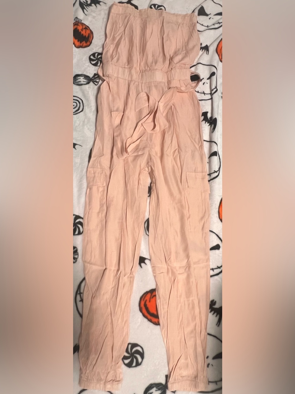 Peach Strapless Utility Jumpsuit with Tie Waist